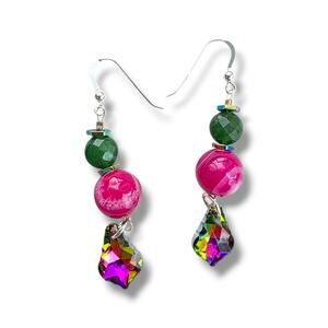 Sterling Silver Dangle Earrings Peacock Genuine Stone Agate Stamped 925 New